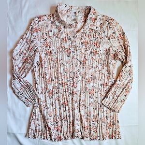 Como Womens Red And Pink Floral Pleated Button Up Collared Blouse Size Medium